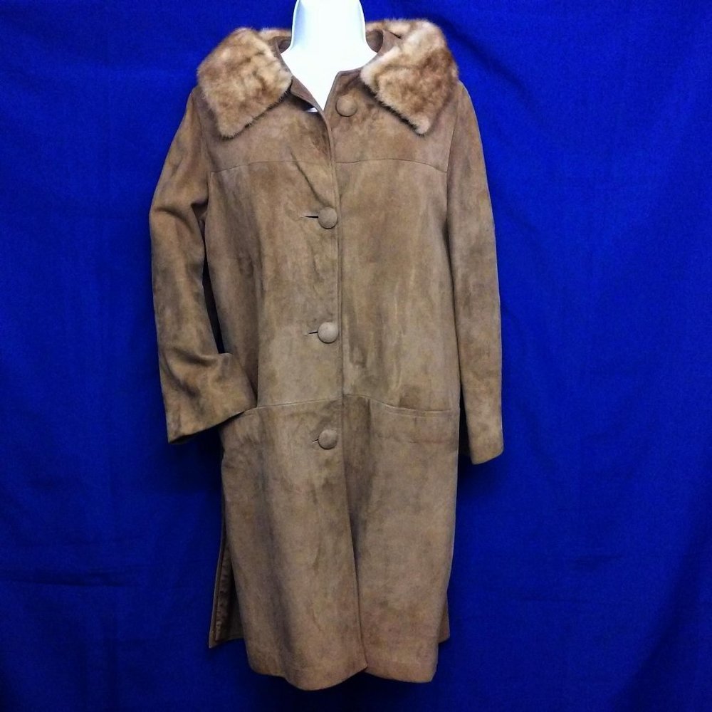 Vintage 60s Suede Leather Coat -L Audrey Charade Fur Collar Pockets Buttons Tan